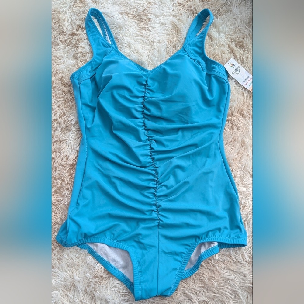NWT, Paradise Bay, Blue, Shirred, Tummy Control, 1pc Swimsuit-ladies Size 18